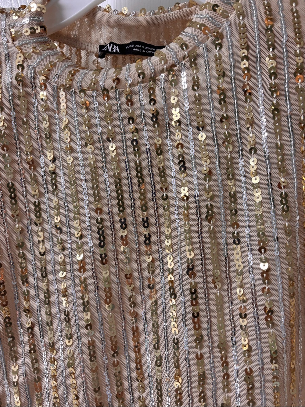 Zara Silver and Gold Sequin Short Sleeve Tee with Shoulder Pads - Picture 3 of 4